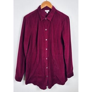 J.Jill Corduroy Woman Large Tall Wine Red Button-Down Shirt Long Sleeve Pockets